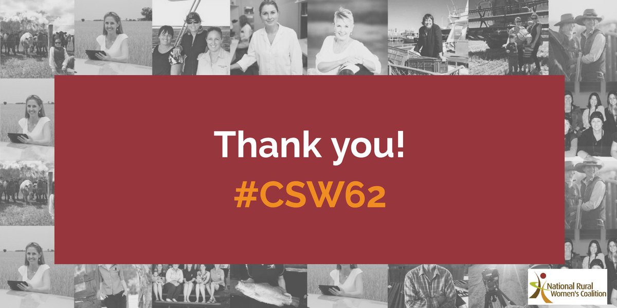 NRWNetwork's tweet photo. That’s a wrap! THANK YOU for joining our #CSW62 chat. We greatly appreciate everyone’s input, ideas &amp; solutions - feel free to continue tweeting! We’re leaving #NYC committed to driving positive change for #ruralwomen &amp; #ruralgirls, &amp; are glad to have you by our side. #CSW62Aus https://t.co/ZqNoy3wpZM