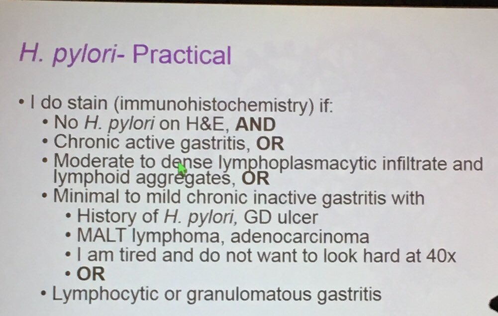 davidacohenmd's tweet photo. Dr Frankel: do and don’t s for ordering H. Pylori IHC. There is never a role for ordering upfront #USCAP2018 https://t.co/JpBnz5C22j