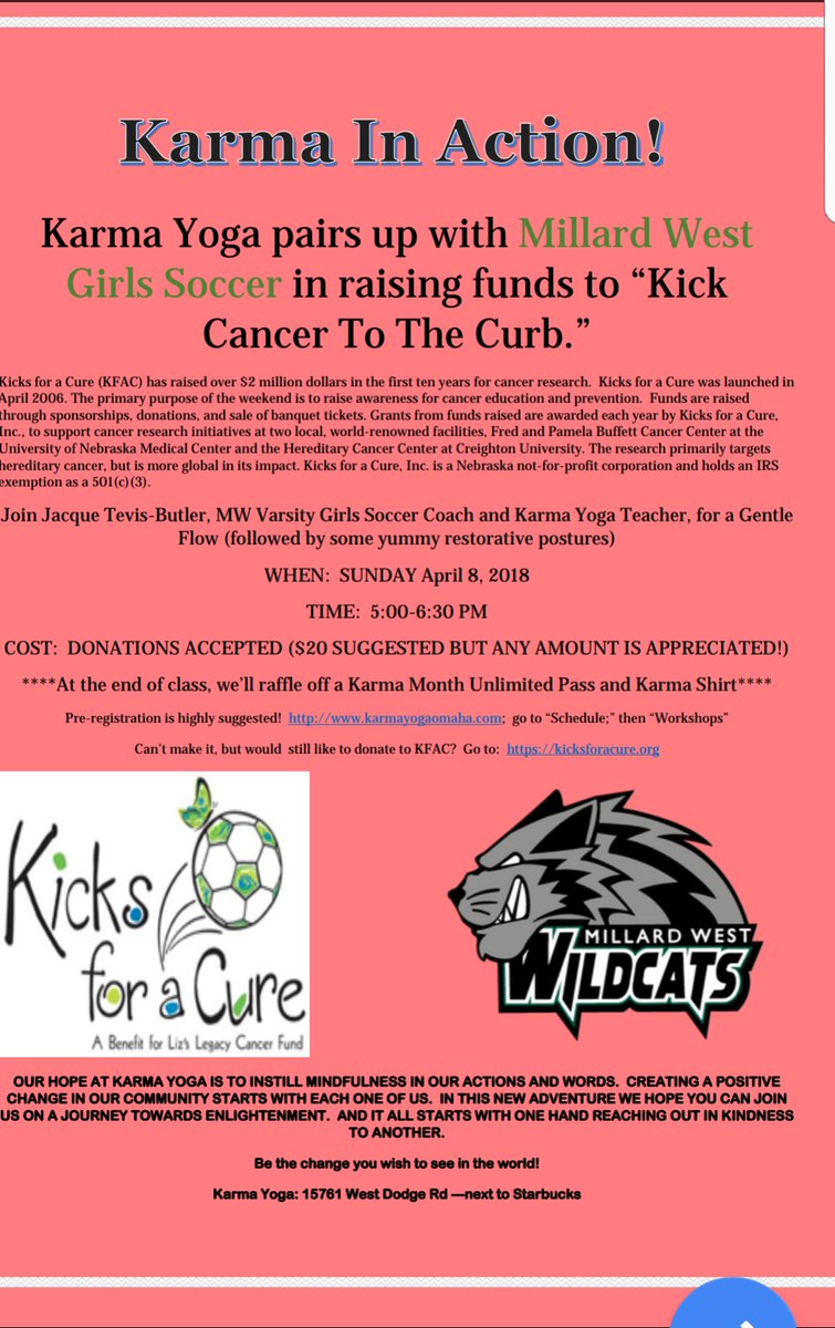 MWGirlsSoccer's tweet photo. Love yoga and hate cancer?  Join me on April 8.  New to yoga?  Give it a try. You will be amazed! It's not about touching your toes.  It's about what you learn on the way there. @KarmaYogaOmaha @Kicks4aCure @MWHSWildcats https://t.co/Z1yOP5zAgk