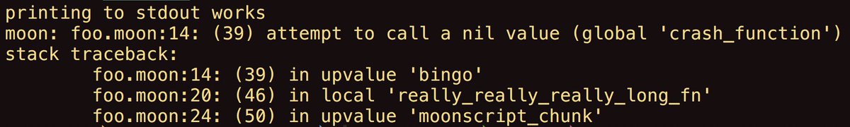 I'm making a console debugging tool for Lua and Moonscript, and holy crap this is so much more useful than the default error printout. You can explore the callstack and all the locals at your leisure. pics: new vs. old