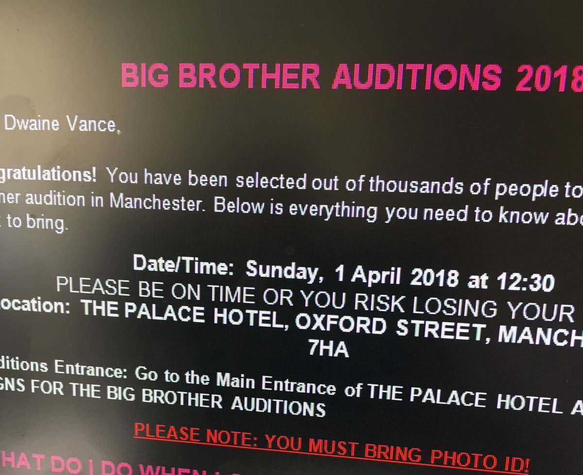 DrDwaineVance's tweet photo. So excited to get my callback for #bbuk #bbauditions @Raph176 @bbuk @BBAuditions @EmmaWillis @Rylan @PaulOsbourneEndemolTV https://t.co/MlWfItiJl3
