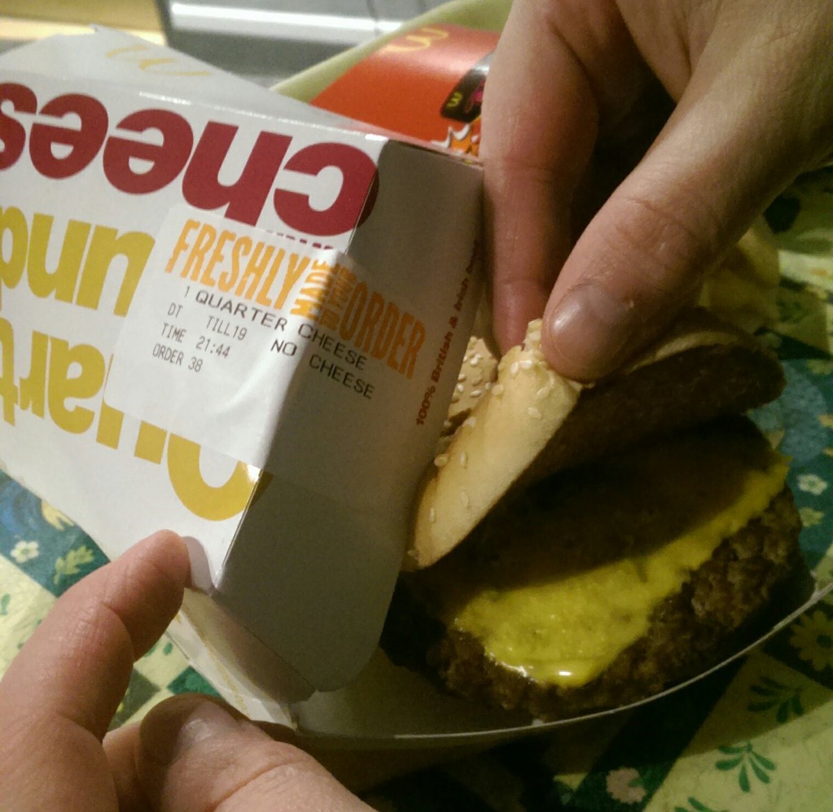 HelenInch2's tweet photo. @McDonalds so much for quarter pounder *without* cheese. Never trust a drive-thru!! #FoodFail #WasteOfMoney https://t.co/vfGeRrYS6Q