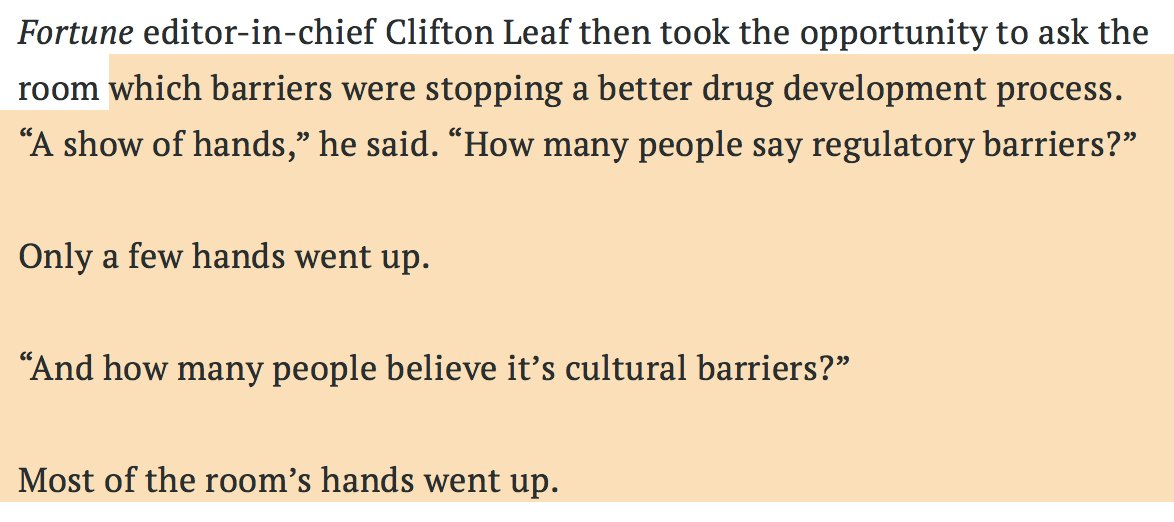 ThenIf_'s tweet photo. I loved this conversation, hosted by @CliftonLeaf 
The problem with drug development isn't regulation, it’s us https://t.co/C6eCXg0RaN via @FortuneMagazine

The drug development pipeline is under fire at a time when medical science seems to be making leaps and bounds. What gives? https://t.co/wnfzDgVq6r