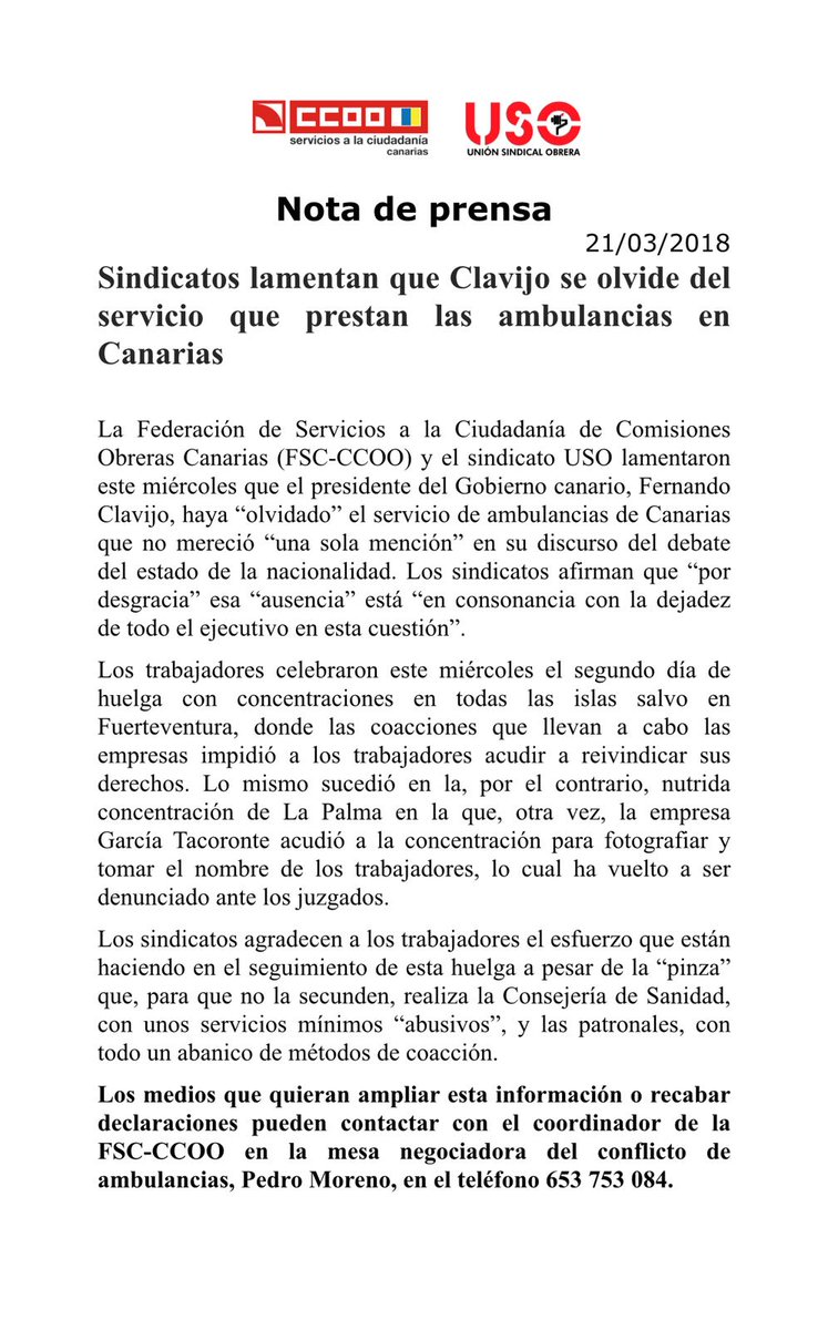 TESCANARIAS's tweet photo. Los sindicatos mayoritarios lamentan que @EquipoClavijo se olvide del servicio que prestan las ambulancia @ppdecanarias @parcan  @NuevaCanariasTF @PodemosCanarias @CsCanarias @CasimiroCurbel @coalicion @diariodeavisos
@eldia @laprovincia_es @Cahora @DavidCuestaTV @ManuelArtilesA https://t.co/uR289vyqHv