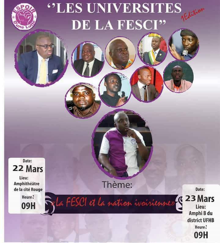 #Urgent_Urgent_Urgent...
Les universités de la FESCI prévues initialement pour demain sont reportées à la date du 4 au 6 Avril 2018 compte tenu des contingences externes et internes.

#Comprendra_qui_pourra