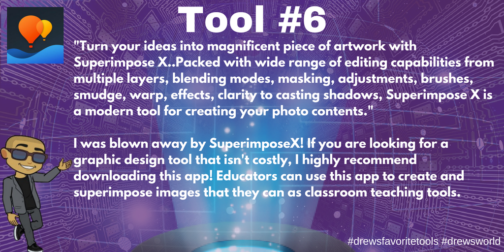 drewse3's tweet photo. Next up on my favorite #learning #design and #technology tools series... Tool number #6 is #superimposex! #design #graphicdesign #drewsfavoritetools #edtechresources #EDLT581 #NMSULDT #EDLT368 #elearning #education #drewsworld https://t.co/nLsXk4yH42 https://t.co/EUqZw2btU0