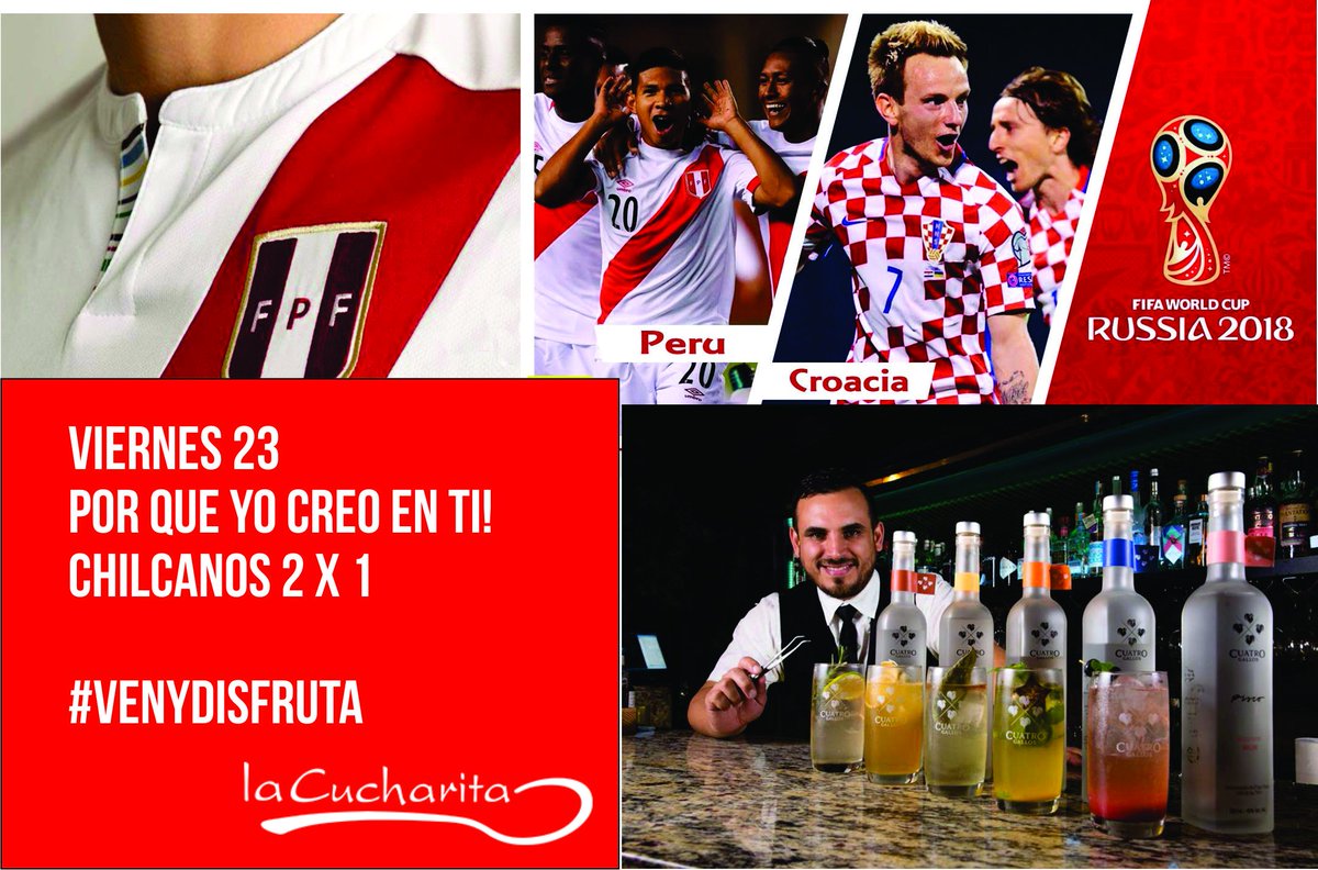 Lacucharitat's tweet photo. POR QUE YO CREO EN TI!!!
Vive el partido PERU VS CROACIA en el mejor ambiente de Miraflores, y mientras lo ves en nuestras pantallas, aprovecha la promoción de CHILCANOS 2X1 a partir de las 7PM hasta las 9PM.

#VENYDISFRUTA #PeruVsCroacia #LaCucharita
*Valido en el primer nivel https://t.co/nvvwjh47e5
