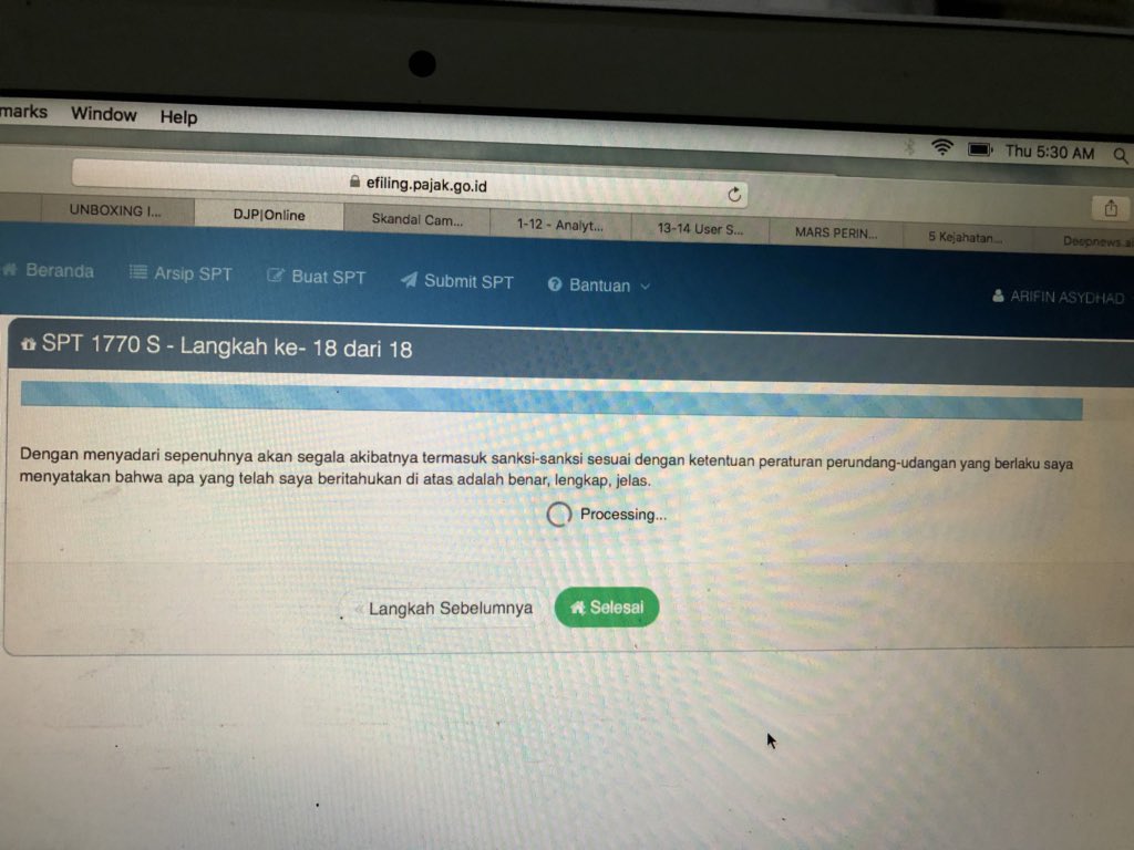 asydhad's tweet photo. @kring_pajak mau tanya. kalau di akhir proses langkah ke-18, loading terus, apa yg dilakukan? kenapa selalu loading ‘processing’? saya sudah coba bbrp kali. terima kasih https://t.co/Y0ueyrxqoO