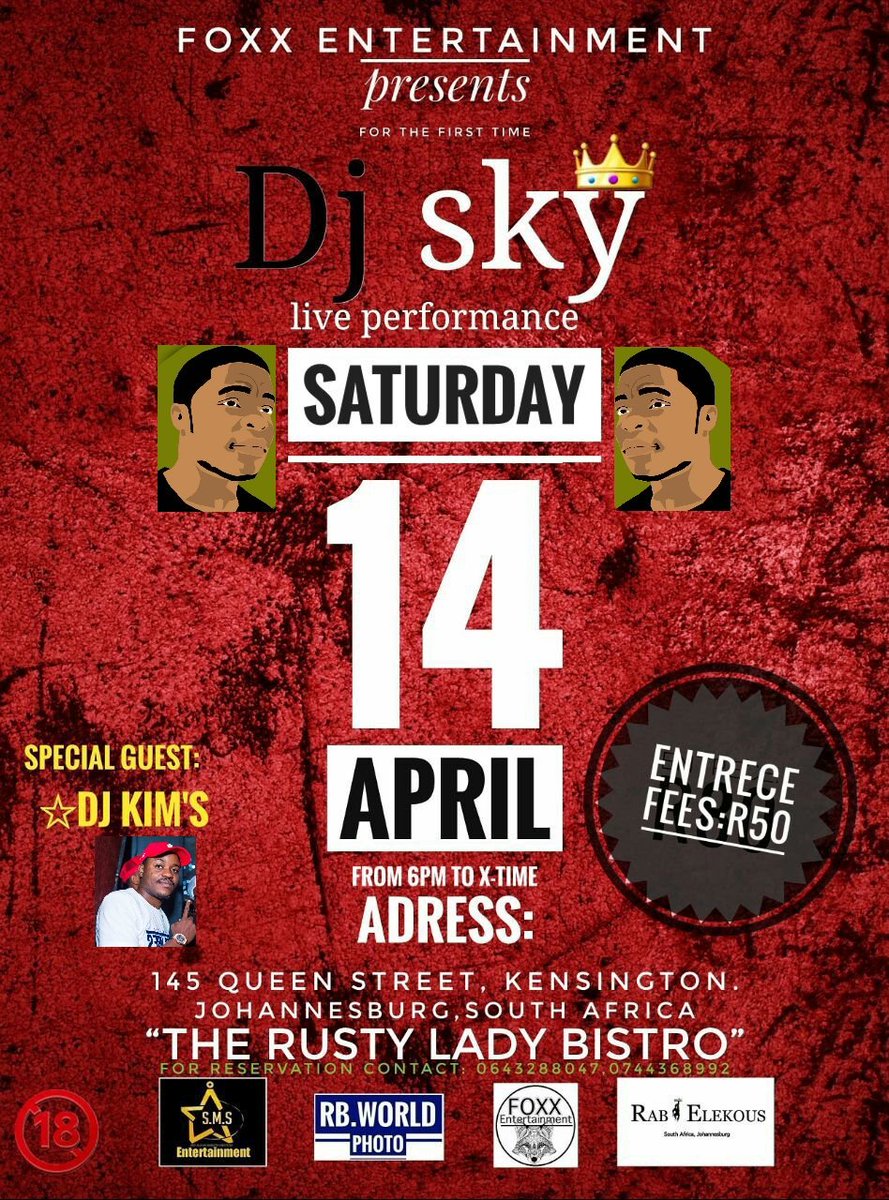 rabbyeleka01's tweet photo. @Foxxentertainm present.
For the first time this year
@DjSky_official1 👑live performance  Guest: @djkims
Date: #Saturday  14 April 2018
Time: 6pm till late
Entrance fee : R50 
Address: Rusty Lady Restaurant 
145 Queens street, Kensington, Johannesburg 
Come join and let https://t.co/kVq1JPUhNn