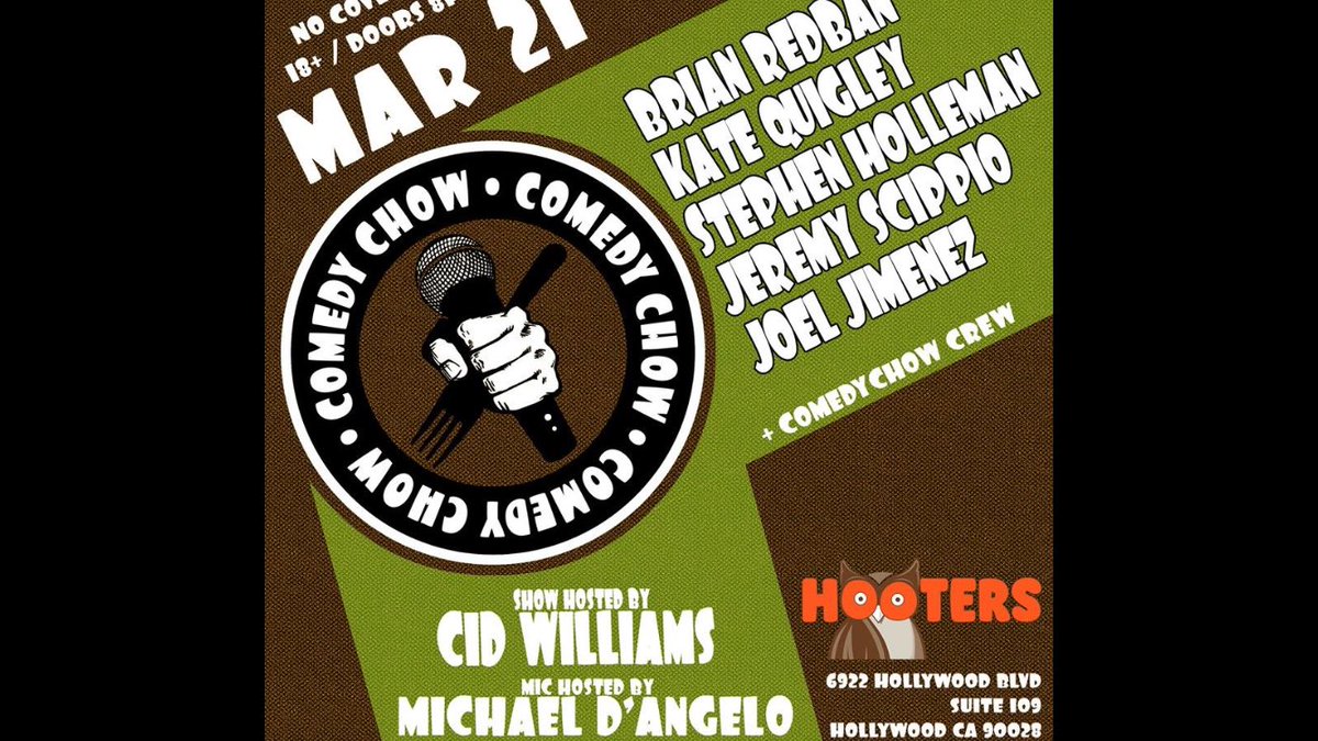 jasonyanakis's tweet photo. Stay dry [&amp; make #LArain w/ metaphors, allegories, &amp; premises] at #ComedyChow @Hooters #8PM TN!

#Standup #comedy #show ft @deathsquadtv heavyweights @redban X @KateQFunny, #Hollywood’s sexiest waitress @HollemanJokes, @JeremyScippio + @mostlysorry — #WINGS #1st #OpenMic after ;) https://t.co/dxlHM6Ni5k
