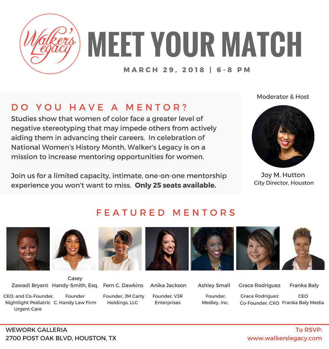 WL_Houston's tweet photo. Tickets are going fast! And we’ve just added two more amazing mentors to the lineup for the @walkerslegacy Mentor Matchmaking Event! Register at https://t.co/pAdNAflwMf #MeetYourMatch #mentor #houston #beenboss #bosswomen https://t.co/A5qkaTkkY3