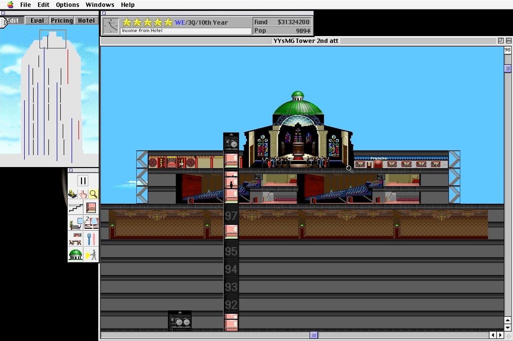 YYsMG's tweet image. Whew. Took a fair amount of time but my #SimTower skyscraper finally got a five star rating, and the resulting cathedral. Looks delightful pearched on the top. #retrogaming #maxis #tycoongame #simgame