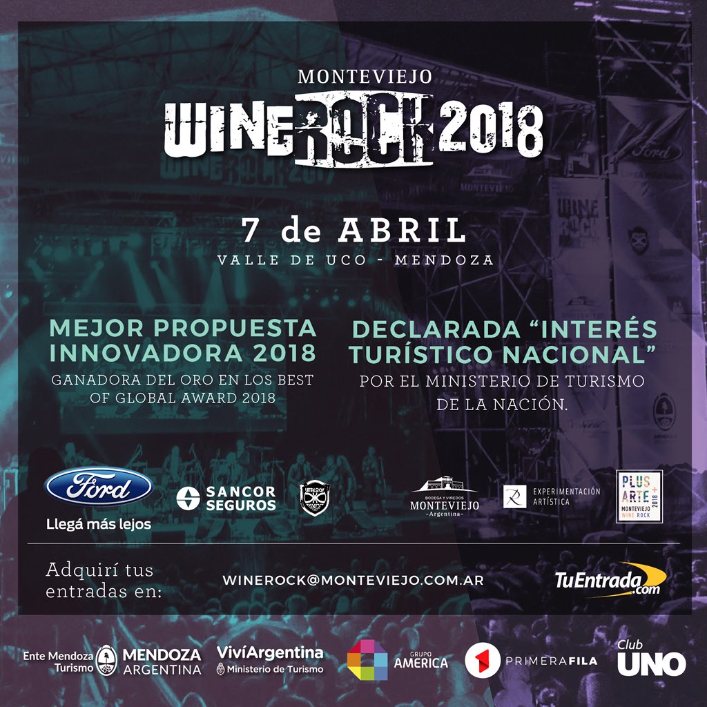 ¡Falta muy poco para el #WineRock2018! Un festival declarado actividad de interes turístico nacional. ¿Ya tenés tu entrada? Podés adquirirla a través de tuentrada.com
Si estas en Mendoza podes adquirirlas en @Wineoclockmdz