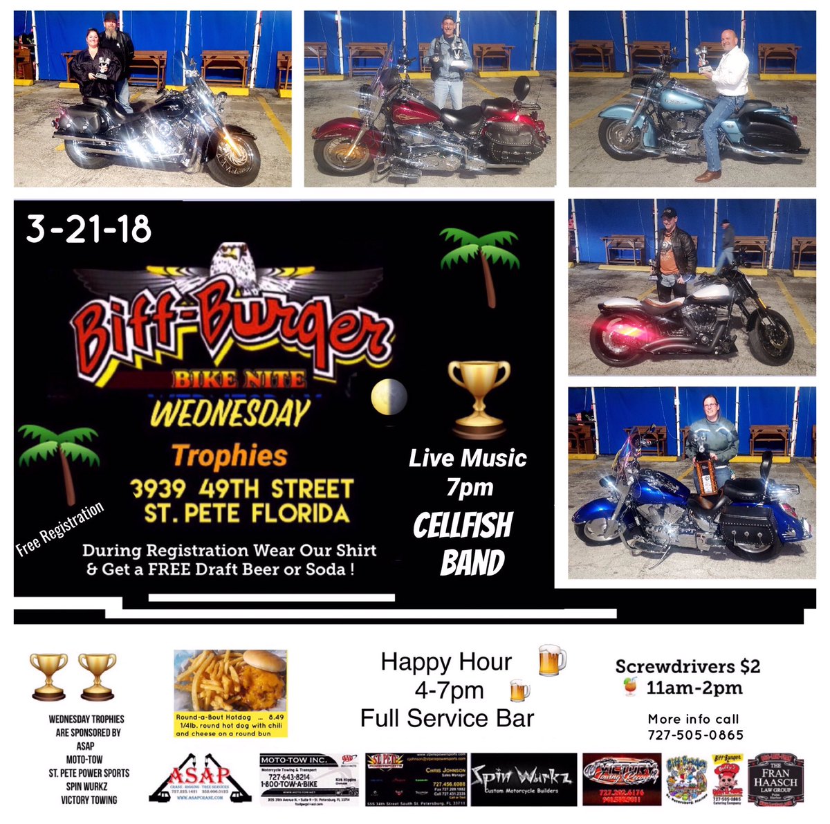 BiffBurger_FL's tweet photo. Its 🏍 Bike Night Wednesday - 
3 days till Biker Appreciation Day Party @BiffBurger_FL  
Bearded Brothers Band &amp; Greg Billings Band playing on The Fran Haasch Stage 🏆Trophies sponsored by @attyfranhaasch #bikerfriendlyplaces #tampabay https://t.co/rcT6CPOVYS