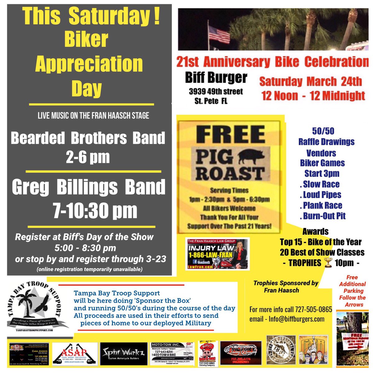 BiffBurger_FL's tweet photo. Its 🏍 Bike Night Wednesday - 
3 days till Biker Appreciation Day Party @BiffBurger_FL  
Bearded Brothers Band &amp; Greg Billings Band playing on The Fran Haasch Stage 🏆Trophies sponsored by @attyfranhaasch #bikerfriendlyplaces #tampabay https://t.co/rcT6CPOVYS