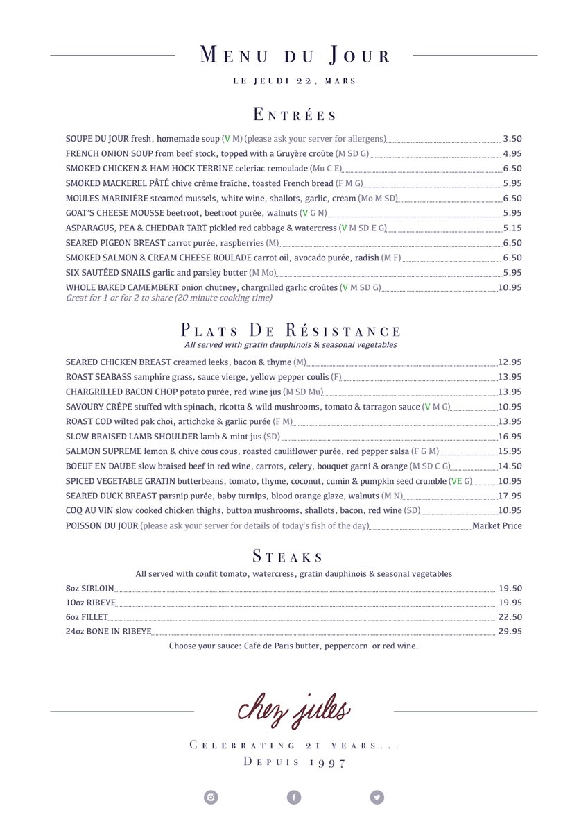 ChezJules's tweet photo. Thursday is the new Friday and we’re here for all your after work needs. 1course 9.95 2 course 12.95 3 courses 15.95. Served 12-6pm/9.30pm-10.30pm https://t.co/thoWReDdYt #fresh #dailychanging #chestertweets #chester #jeudi https://t.co/lwq3JpP7cM