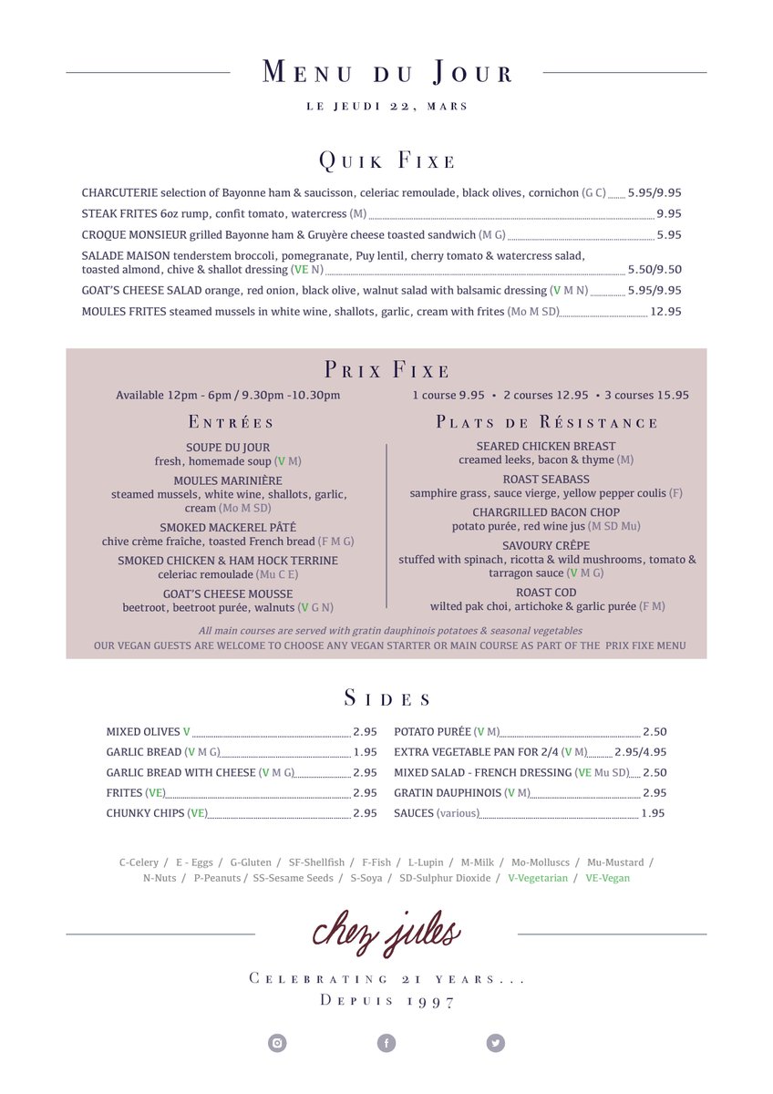 ChezJules's tweet photo. Thursday is the new Friday and we’re here for all your after work needs. 1course 9.95 2 course 12.95 3 courses 15.95. Served 12-6pm/9.30pm-10.30pm https://t.co/thoWReDdYt #fresh #dailychanging #chestertweets #chester #jeudi https://t.co/lwq3JpP7cM