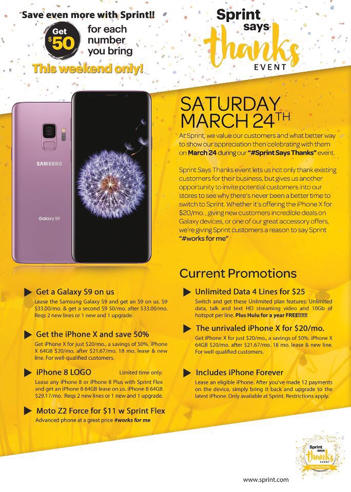 Sprint7075's tweet photo. Come see us this #weekend for #SprintSaturday #SprintSaysThanks  Lease 1 Get 1 #logo on #SamsungGalaxyS9 #SamsungGalaxyS9Plus #Sprint 4249 Northlake Blvd #PalmBeach #Gardens #Florida #Saturday #ThisSaturday #SaturdayMotivation  #SaturdayThoughts https://t.co/rkKHqlwZhe
