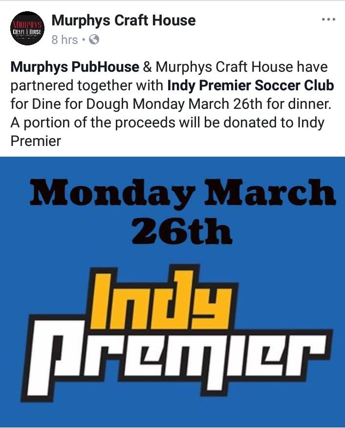 IndyPremierSC's tweet photo. Man are we excited about this partnership!! Monday the 26th at both @MurphysPubHouse &amp; Murphys Craft House, join us for our next dine to donate!!! https://t.co/xuW5kak7Ir