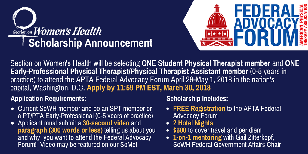 Attention, SPT/SPTA and Early-Professional PT/PTA SoWH members! We have a special opportunity for 1 student and 1 early-professional to attend the APTA Federal Advocacy Forum in the nation's capital this April! Apply here: hubs.ly/H0bpcxJ0