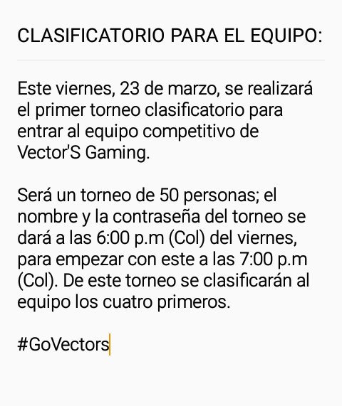 VectorsG_CR's tweet photo. 📝CLASIFICATORIO PARA EL EQUIPO COMPETITIVO:
📆 Viernes 23/03/18 🕧18:00 (Se crea) / 19:00 (Inicia)🇨🇴
#GoVectors https://t.co/1NNlcd6JLh