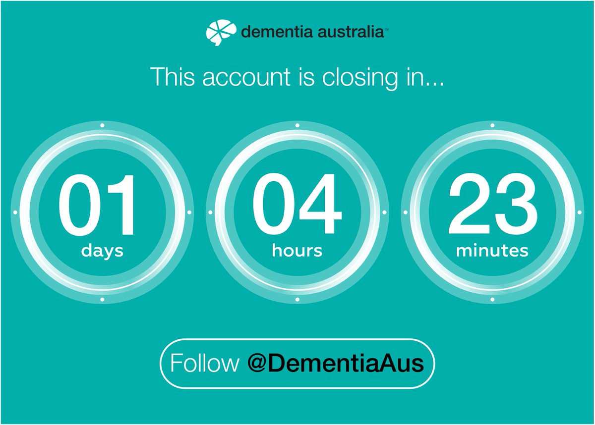 A gentle reminder that this account will be inactive TOMORROW! Follow us at <a href="/DementiaAus/">Dementia Australia</a> to continue receiving our vital updates covering #dementia research, education, advocacy and service provision. #DementiaAustralia #Unified #Support #Alzheimers #Care