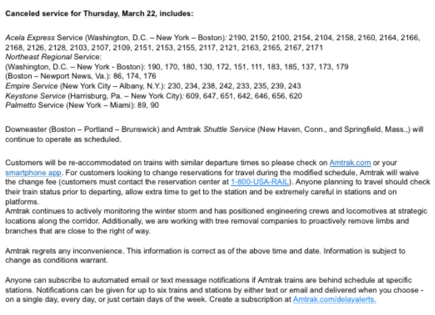 HellgrenWJZ's tweet photo. Amtrak has a number of cancellations for tomorrow @cbsbaltimore #WJZSpringSnowDay https://t.co/o5rfHpnUXb