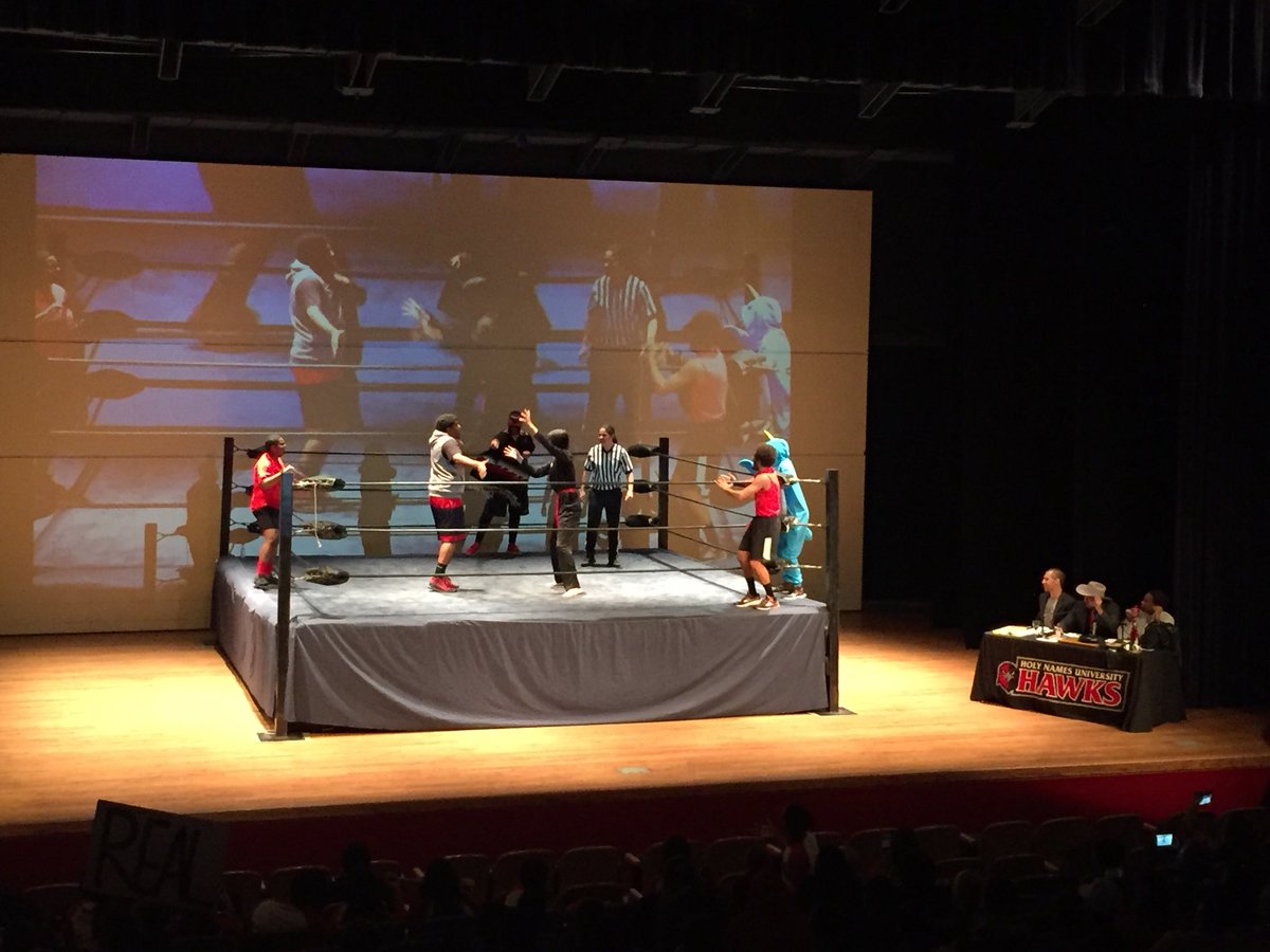 MarcieHaduca's tweet photo. @HolyNamesUniv Wrestlemania IV underway with a tag team event. Supporting @SFWish @HNUAthletics #HawkYeah #HSAAC https://t.co/qpLCwM6Kre