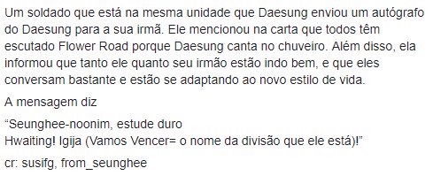 BigBangBrazil's tweet photo. [INFO]
Um soldado que está na mesma unidade que Daesung enviou um autógrafo do Daesung para a sua irmã. Ele mencionou na carta que todos têm escutado Flower Road porque Daesung canta no chuveiro. https://t.co/nu0uaRJIJw
