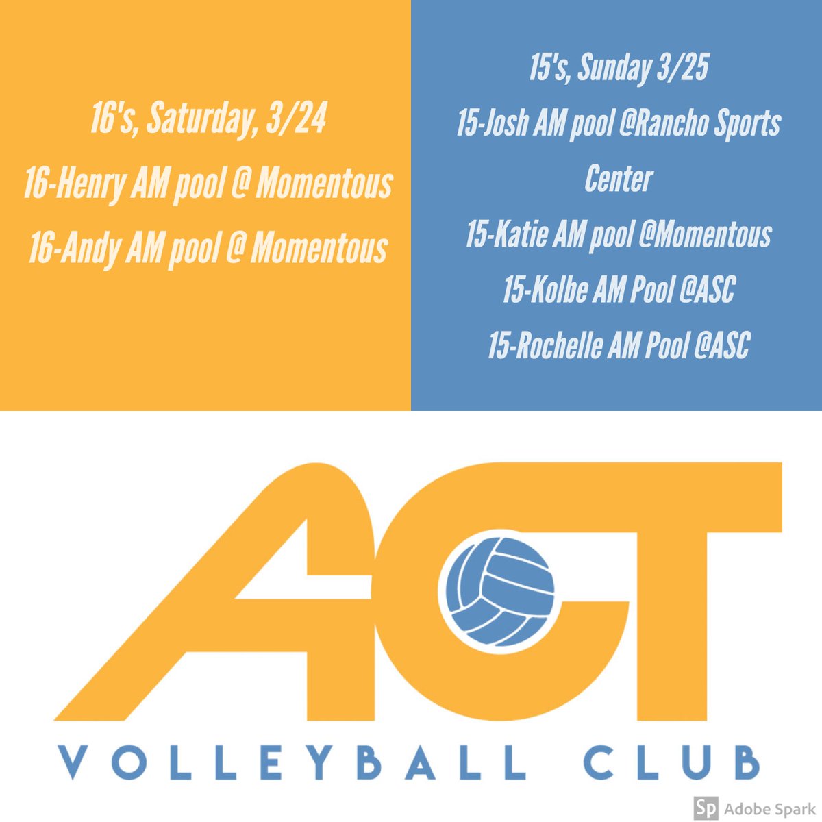 ACTvolleyball's tweet photo. Good Luck 15's and 16's this weekend! https://t.co/dyYq7cJKpd