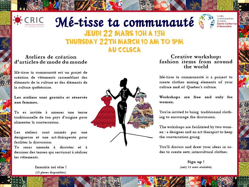 AinesCclsca's tweet photo. L'atelier de création d'articles de mode du monde se déroulera demain de 10h00 à 13h00.
Seulement 15 places sont disponibles. 
Inscrivez-vous maintenant! 
Notre téléphone : 514-524-6626. https://t.co/f1zzaM0PIL