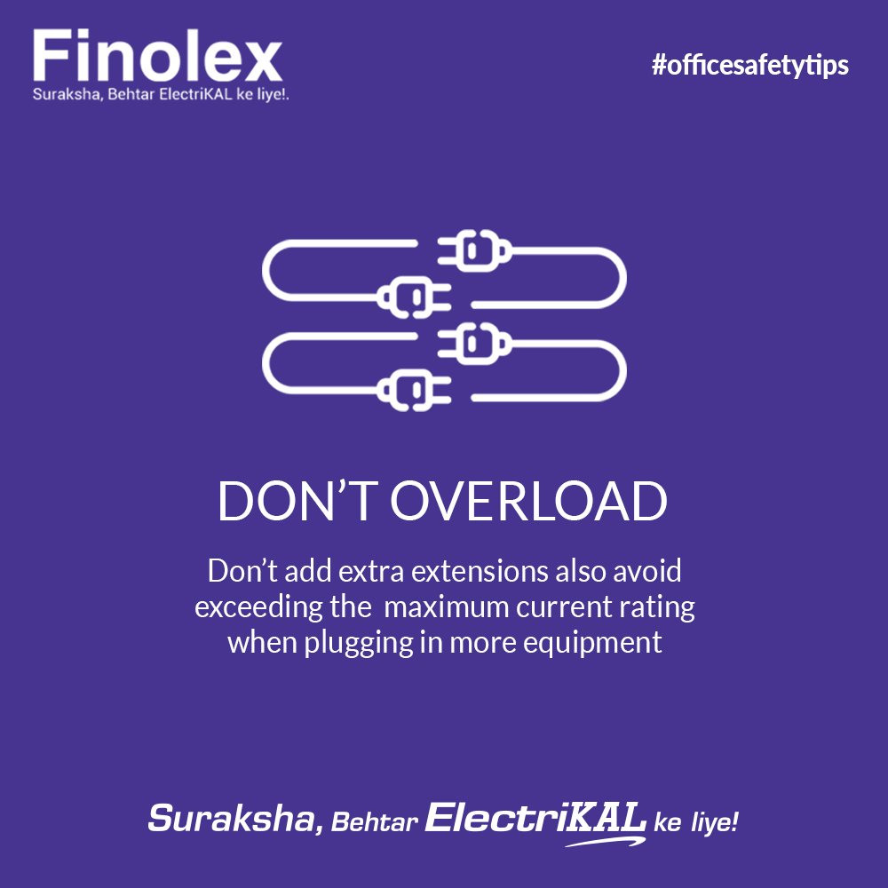 FinolexCables's tweet photo. #OfficeSafetyTips – Do not add extra extensions and avoid exceeding the maximum current rating when plugging in additional equipment. https://t.co/AKrXnr48CE