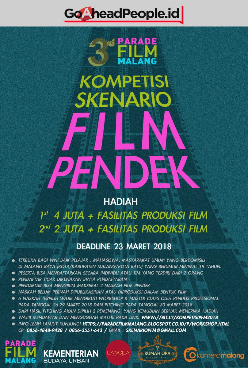 H -1 PENDAFTARAN DITUTUP!
Buat kamu yang punya ide cerita andalan, karya orisinil, belum pernah dan pengen diangkat jadi film pendek, yuk ikutan KOMPETISI&amp;WORKSHOP SKENARIO FILM PENDEK #PFM2018
Cek detilnya di : bit.ly/TnCKompetisiPF…
