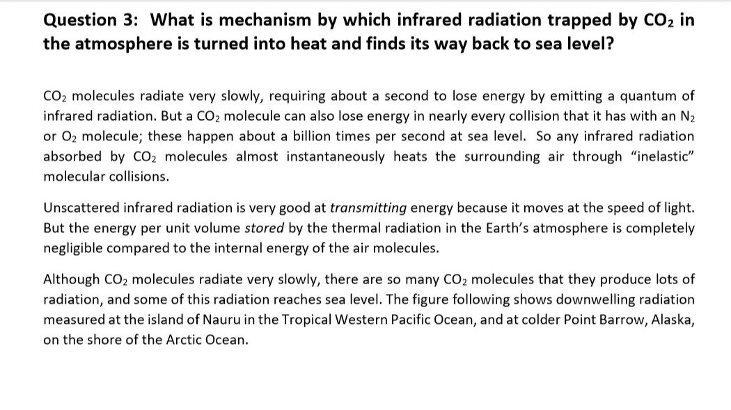 LindsayyuleS's tweet image. #climatetutorial False CO2 radiates in a second(billion collisions to N2 , O2) Truth: in 50 microseconds (Dr Happer references students)