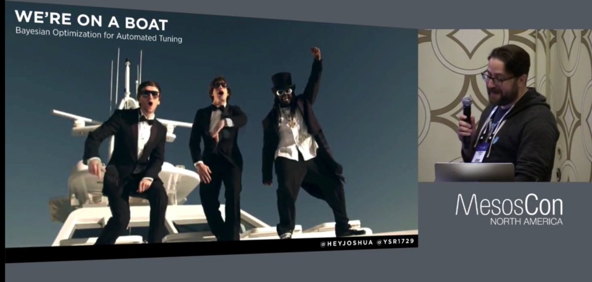 A screenshot of a @YouTube video of a MesosCon presentation with a slide showing Joshua Cohen and a slide that says "WE’RE ON A BOAT: BAYESIAN OPTIMIZATION AUTOMATED TUNING".