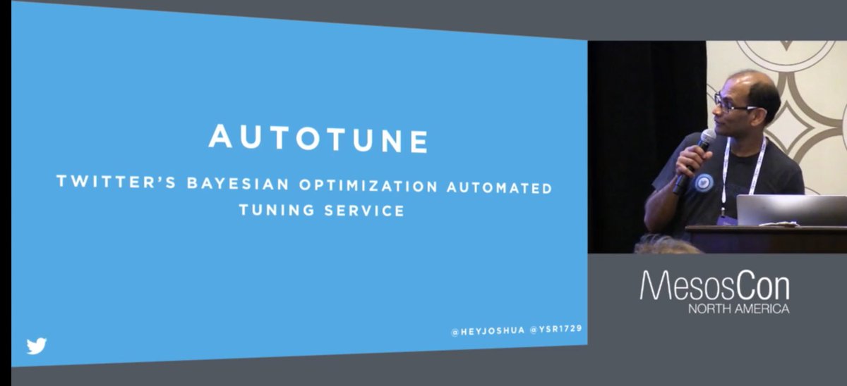 A screenshot of a @YouTube video of a MesosCon presentation with a slide showing Ramki Ramakrishna and a slide that says "AUTOTUNE: TWITTER’S BAYESIAN OPTIMIZATION AUTOMATED TUNING SERVICE".