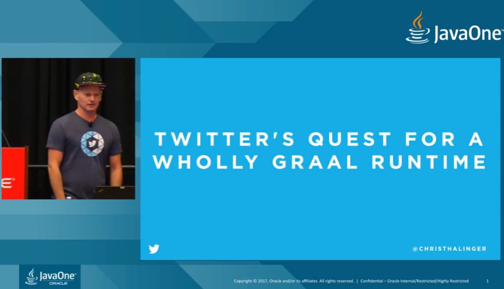 A screenshot of a @YouTube video of a JavaIbe presentation with a slide showing Chris Thalinger and a slide that says "TWITTER’S QUEST FOR A WHOLLY GRAAL RUNTIME".