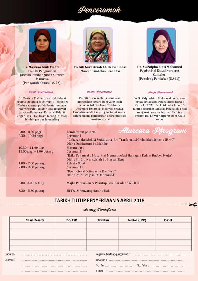 PLUTMJB's tweet image. Assalamualaikum semua 😉
🌹Adakah anda sudah bersedia menghadapi cabaran sebagai seorang SETIAUSAHA bagi sebuah syarikat??
🌹Kerjaya sebagai seorang SETIAUSAHA semakin mencabar di era kini??
Jom sertai Seminar Setiausaha yang diadakan di UTM JB ni 😘