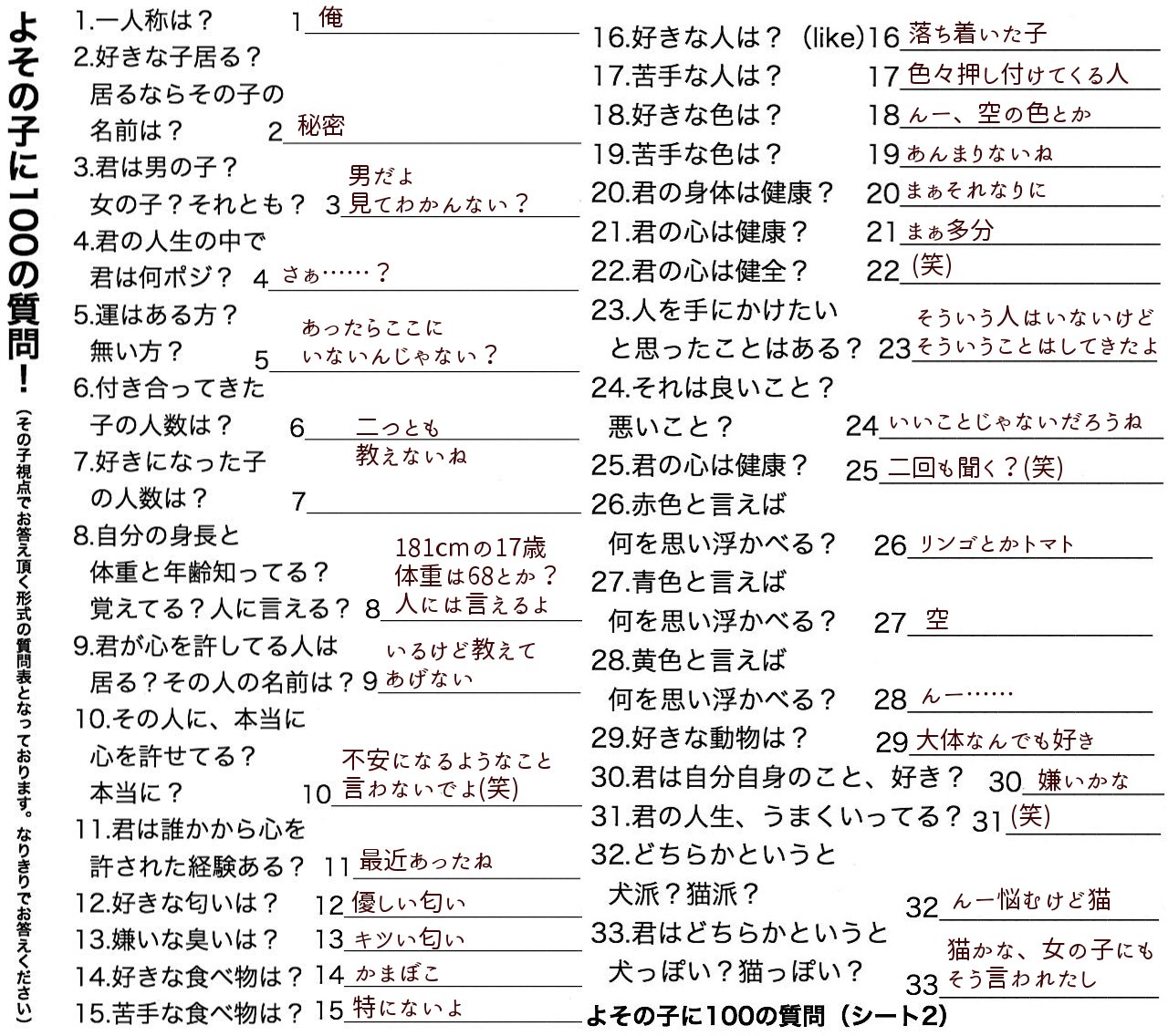 もつ A Twitter 時雨に質問 テンプレお借りしました よその子に100の質問 もつ A Twitter 時雨に質問 テンプレお借りしました よその子に100の質問