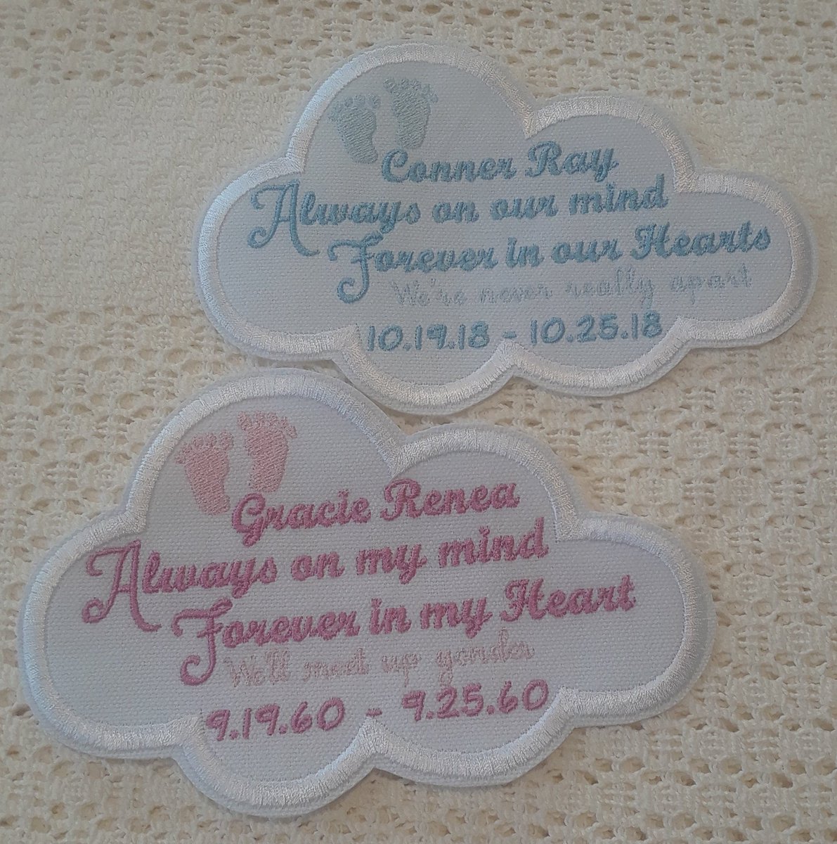 LynnsLooseEnds's tweet image. In Memory of a child passing add this patch to a Teddy Bear,blanket or pillow. etsy.com/shop/LynnsLoos… 
HEAVEN CLOUD Shaped BABY Memory Patch,Boy or Girl,Always on our Mind,Memory Patch,Custom seethis.co/9oYMBZ/ #memorypatch #memorypillow #lossofchild
#babymemory #teddybear