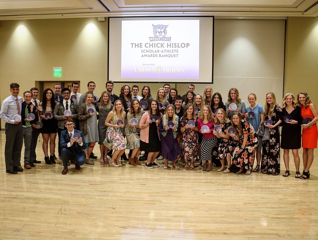 WeberStateTrack's tweet photo. Weber State Scholar Athlete Awards banquet. We’re proud of our student athletes and their hard work in the classroom.
#destinedforgreatness 
#onandoffthetrack
#weareweber
#smartandfast https://t.co/AqIxDfiyBE