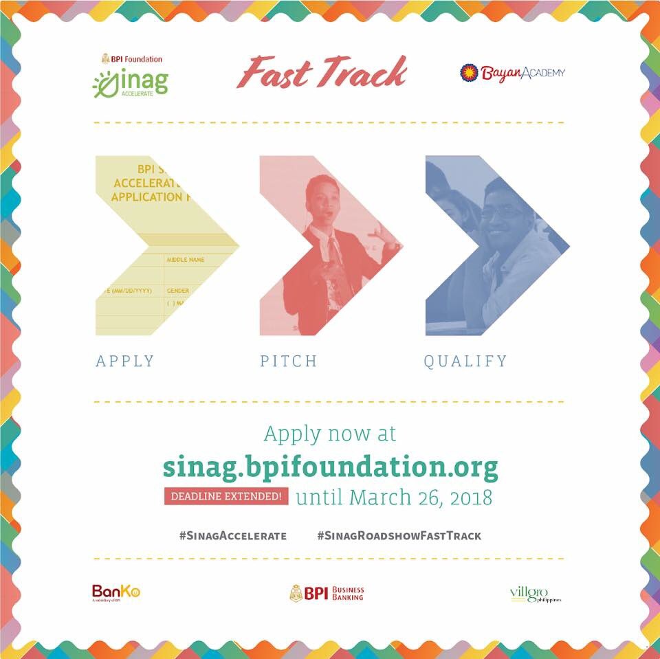 We're extending Fast Track applications to March 26!
Don't miss out on this opportunity to gain early exposure and automatically qualify for the first round of Sinag Accelerate bootcamps to be held in Manila!

Apply, Pitch, Qualify! It's that easy!
