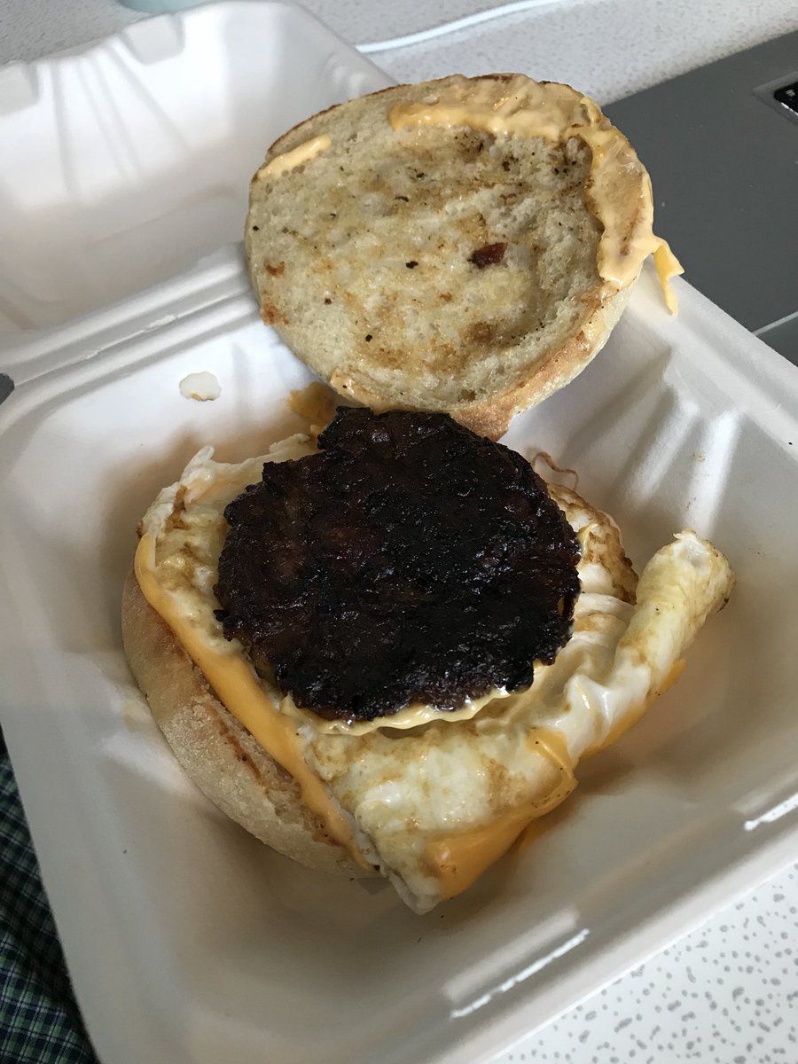 ScottofBerkeley's tweet image. I’m told that black thing is a sausage patty. Visibly it’s challenging to verify, taste wise, I’d say it’s the scrapings from yesterday’s griddle top. Thanks @eurestusa #cafe109 #zeroquality