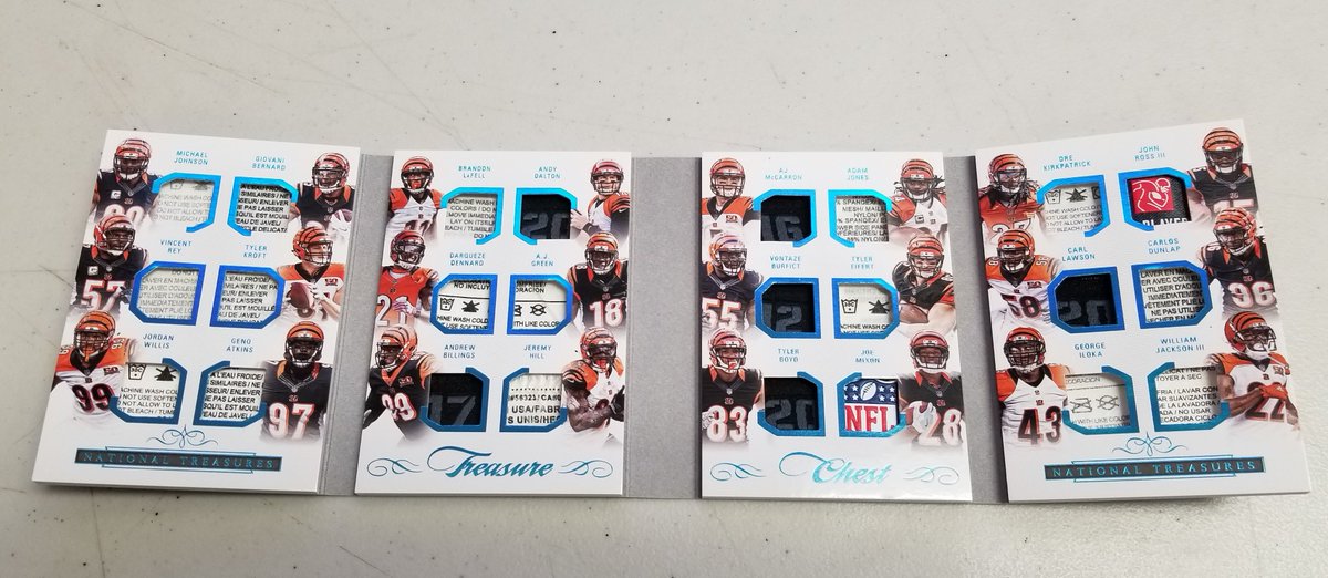 SCCTradingCards's tweet image. And finally, never seen this many tags on one card/book before, @PaniniAmerica gives us 24! Tags/shields in ONE Treasure Chest book! 1/1 as well! #Bengals #pullingfire