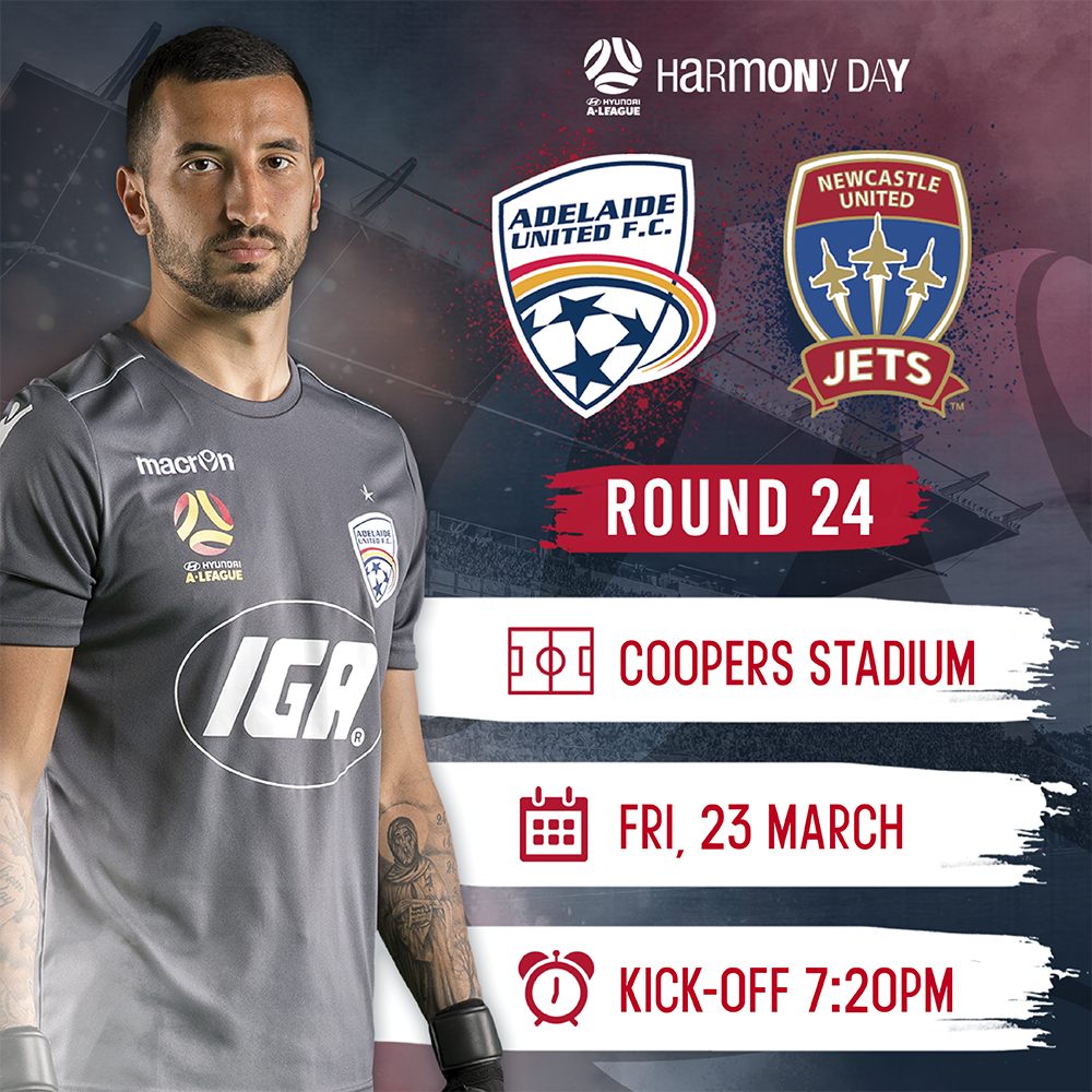 AdelaideUnited's tweet photo. ⚽ GAME DAY!
🆚 @NewcastleJetsFC
⏰ Kick-off 7:20pm, gates 6:20pm
🏟️ @CoopersStadium
🎟️ Tickets: https://t.co/f4ti5KwGhF - Juniors $10 online or at the gate!
📱 #AUFC #ADLvNEW https://t.co/DESggboTS7