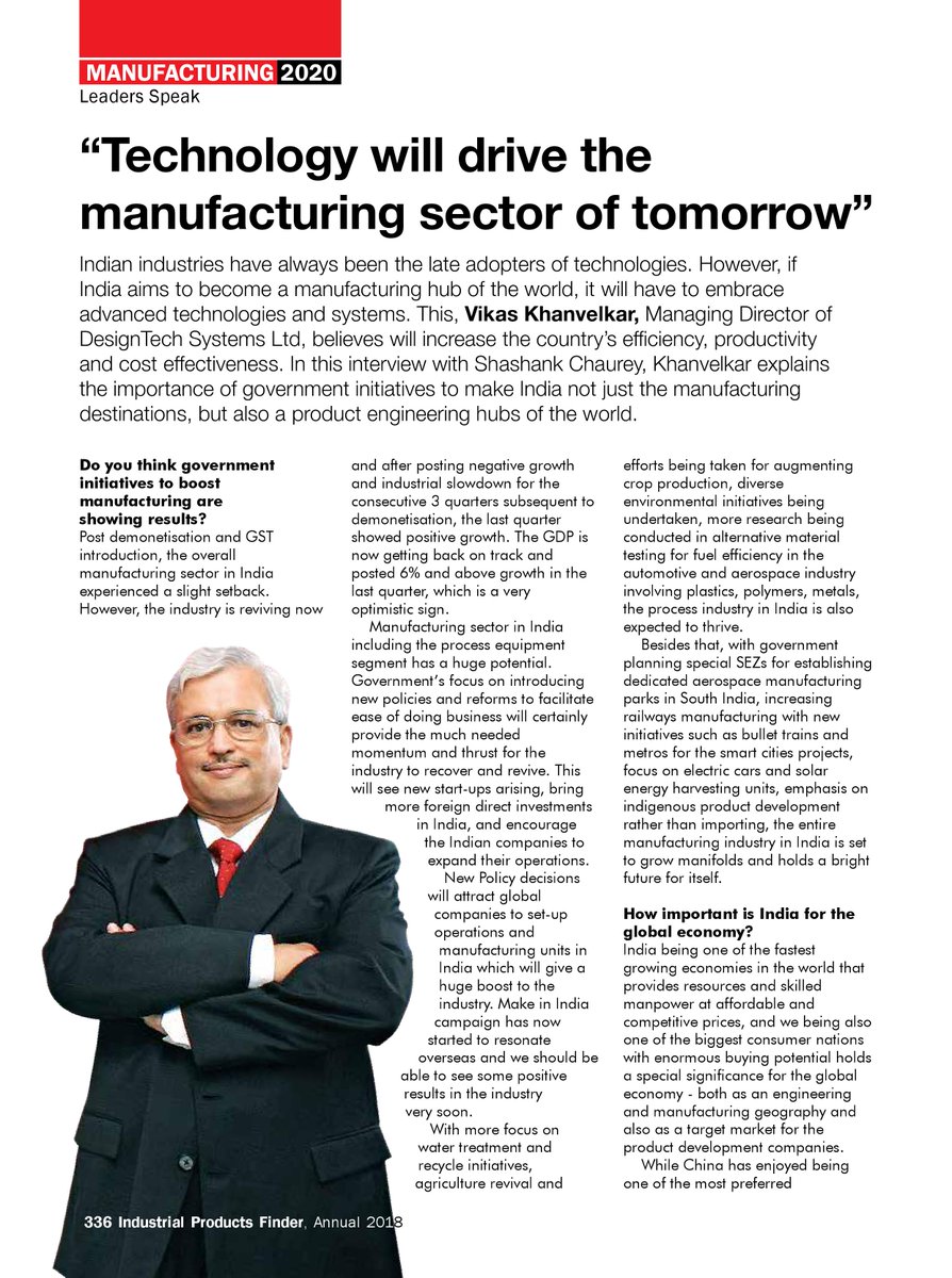 KhanvelkarV's tweet image. My interview on “ Manufacturing 2020 ” - Technology will Drive the Manufacturing Sector of Tomorrow , published in Industrial Products Finder magazine Annual 2018 Issue.
#Manufacturing #technology 
#DesignTechSys @ipfonline