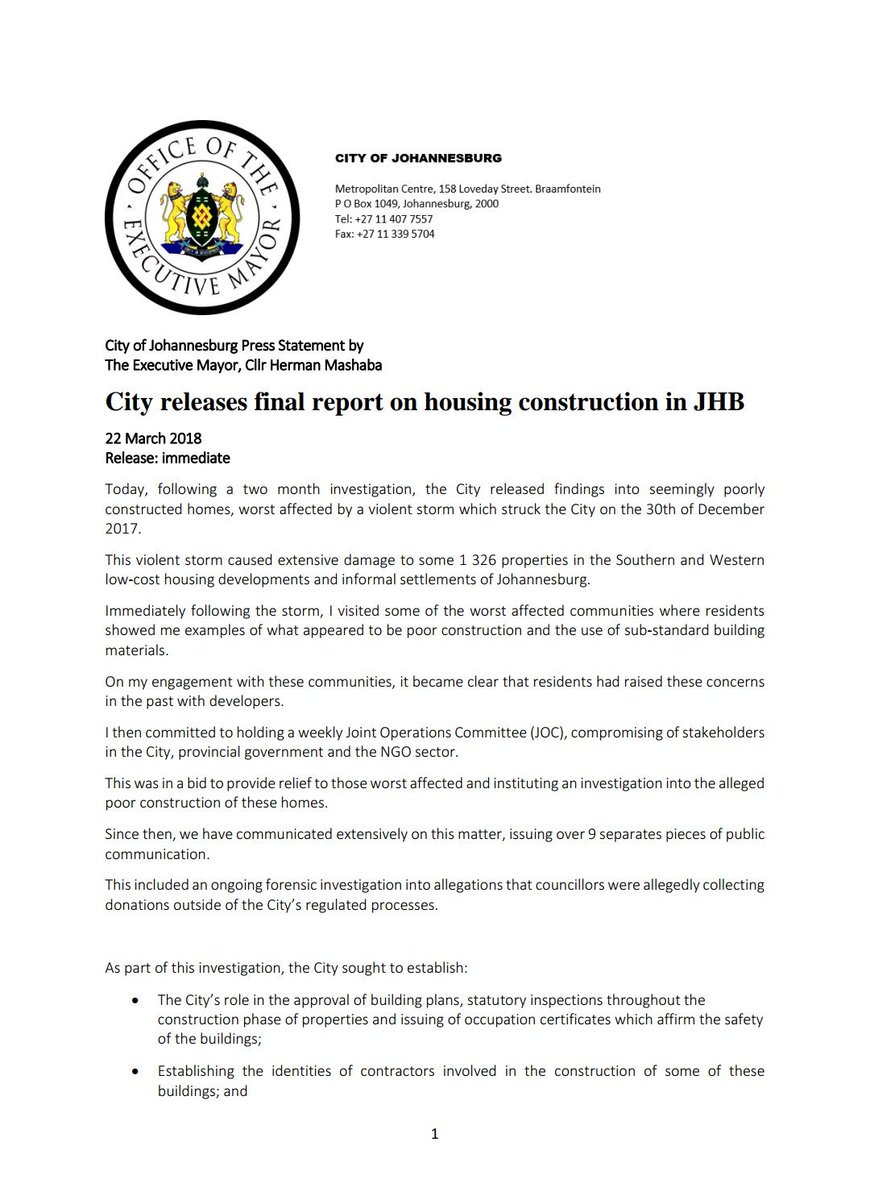 HermanMashaba's tweet image. Today, following a two month investigation, the City released findings into seemingly poorly constructed homes, worst affected by a violent storm which struck the City on the 30th of December 2017.