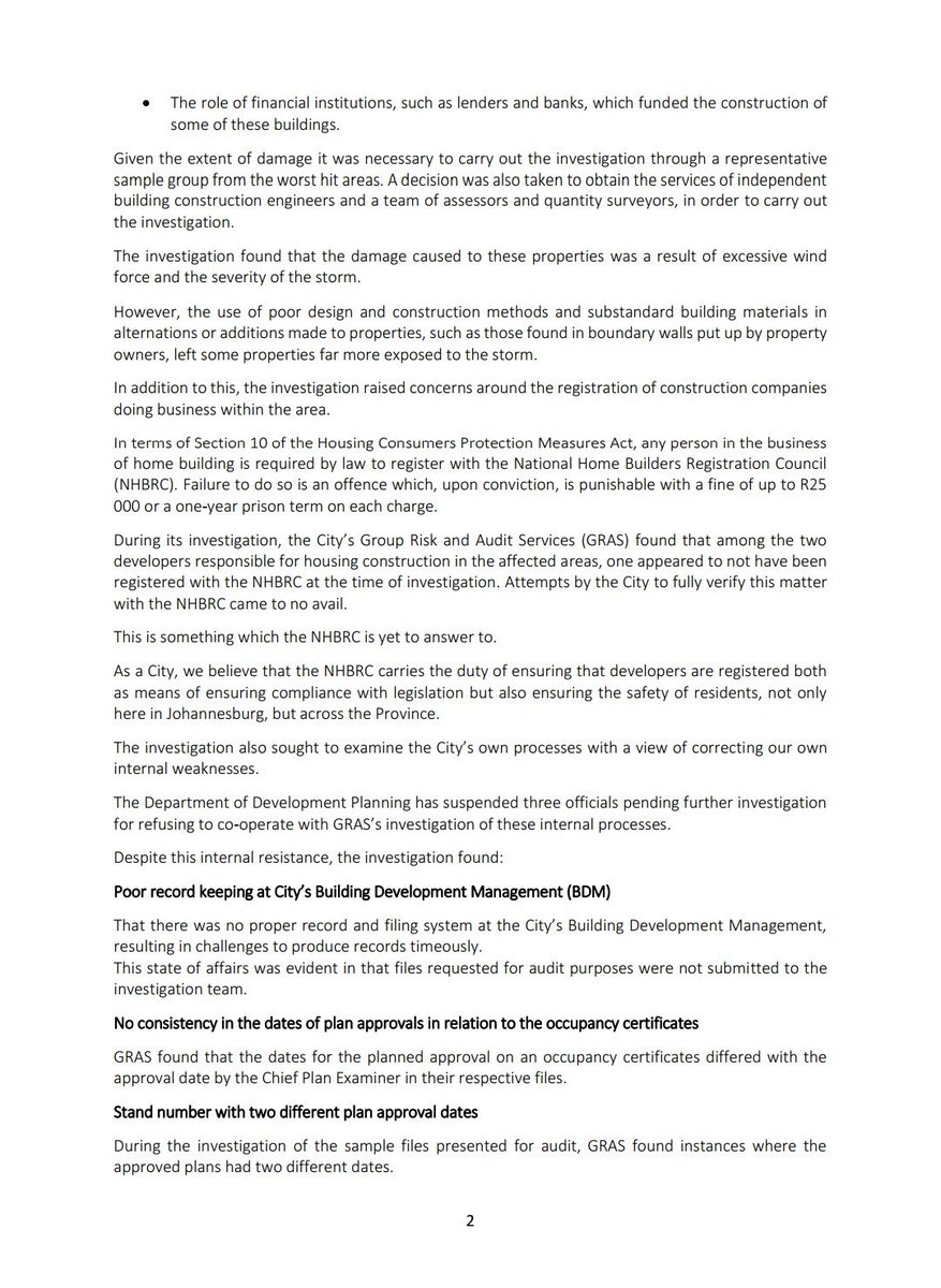 HermanMashaba's tweet image. Today, following a two month investigation, the City released findings into seemingly poorly constructed homes, worst affected by a violent storm which struck the City on the 30th of December 2017.