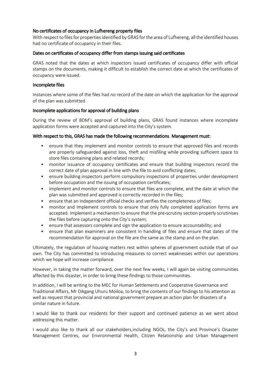 HermanMashaba's tweet image. Today, following a two month investigation, the City released findings into seemingly poorly constructed homes, worst affected by a violent storm which struck the City on the 30th of December 2017.