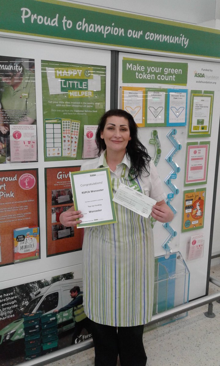 asdaworcs's tweet photo. Sally Bennett a bakery colleague at Asda Superstore Worcester with a cheque for £100 to help R.S.P.C.A. https://t.co/TYAl6irQWz